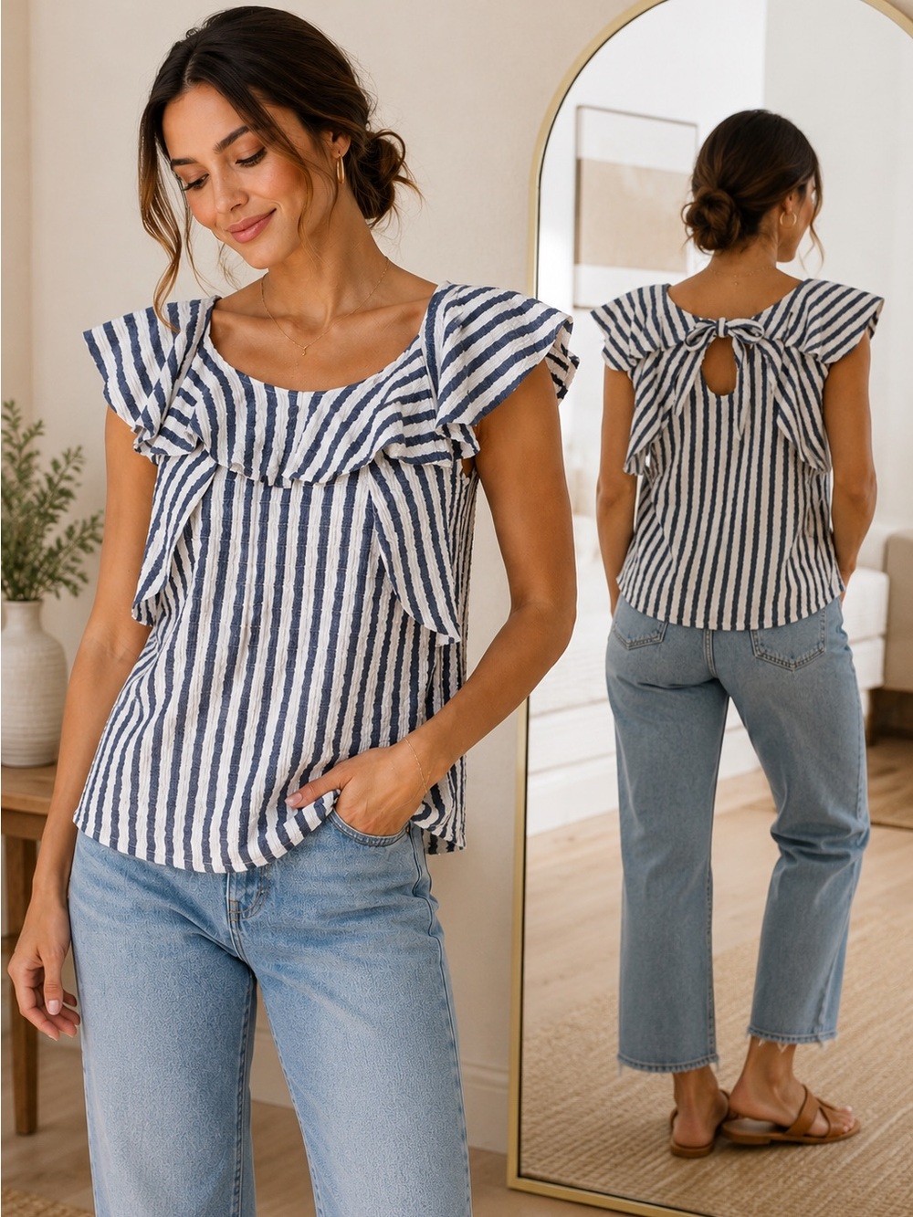 Eva Franco Blue & White Textured Ruffle Blouse Keyhole Back Petite Small